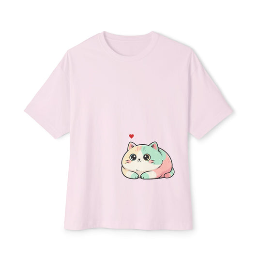 Cute Pastel Cat Graphic Tee — Kawaii Heart Cat Oversized T-Shirt
